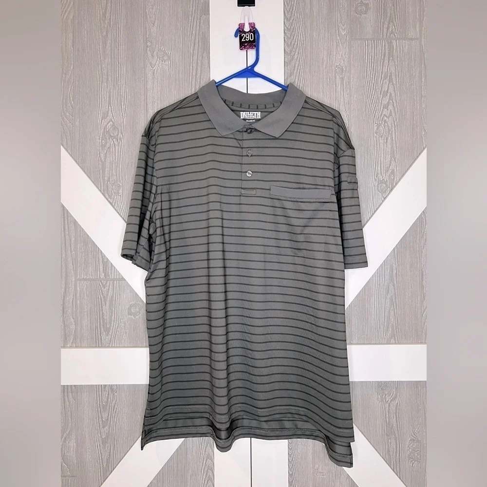 290. Duluth Trading Relaxed Fit Striped Polo Gray/Black L - Picture 2 of 6